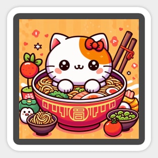 Cat in a bowl of noodle with a side dish Sticker